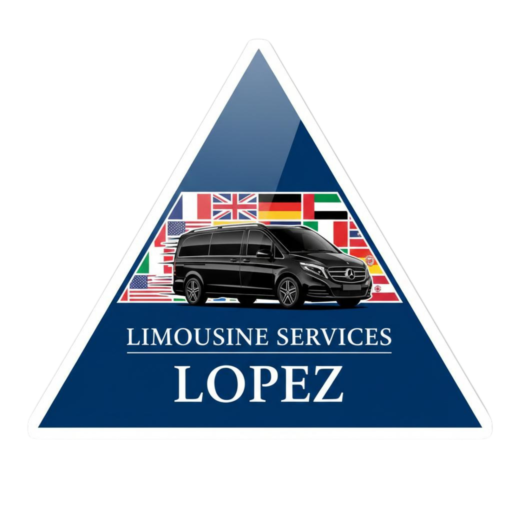 A triangular blue logo for "Limousine Services Lopez" featuring a black Mercedes-Benz V-Class van in front of a collage of international flags.